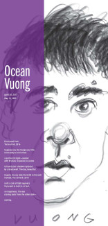 Ocean Vuong illustration with a vertical line of purple with date and poetry excerpt in white 