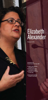 Elizabeth Alexander image with a vertical line of brown with date and poetry excerpt in white 