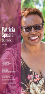 Patricia Spears Jones image with a vertical line of purple with date and poetry excerpt in white 