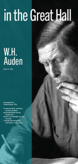 W.H. Auden image with a vertical line of blue green with date and poetry excerpt in white 