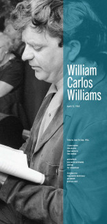 William Carlos Williams image with a vertical line of blue green with date and poetry excerpt in white 