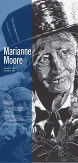 Marianne Moore image with a vertical line of blue with date and poetry excerpt in white 