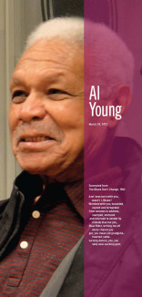 Al Young image with a vertical line of purple with date and poetry excerpt in white 
