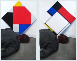 "A fall resolves the dispute over diagonals between Mondrian and Van Doesburg" Watercolor on paper, 38" x 30"