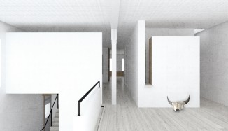Rendered view toward atrium, living room, and bathing/changing cluster