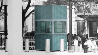 Rendering of bullet proof security kiosk with ‘urban camouflage’ patterned glass cladding.