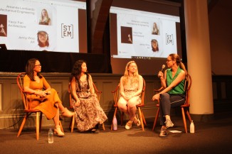 Panelists from left to right: Jenny Woo A'96, Yaoyi Fan AR'18, and Amanda Lombardo ME'19 