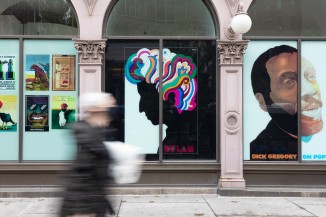 Exterior view of the Milton Glaser retrospective installed in the Colonnade of the Foundation Building