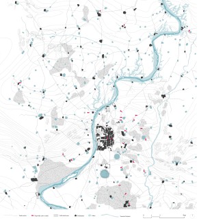 Map of the historic walled city of Ahmedabad and its hinterland settlements relative to seasonal watercourses, reservoirs, and stepwells. A consistent pattern in the relationships between settlements, terrain, surface water, and groundwater emerged throug