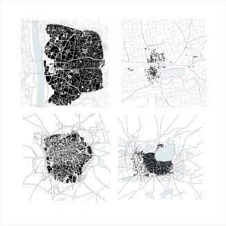 Maps of historic settlements relative to bodies of surface water. Meta village (top right), Vadnagar (bottom right), Patan (bottom left) and Ahmedabad (top left).