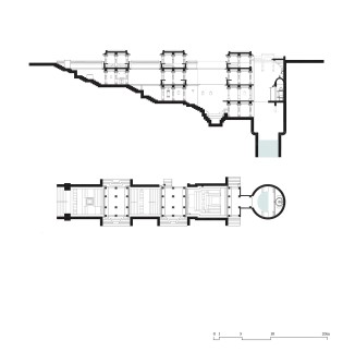 A plan and section of the 11th century Mata Bhavani vaav in Ahmedabad. A stepwell is a subterranean building that consists of a large, open well shaft attached to a long, stepped corridor, sandwiched between retaining walls, that descends several stories 