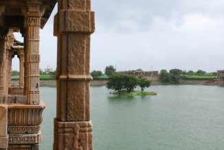 The expanse of the Sarkhej tank and its central island as viewed from a balcony (jharoka), Ahmedabad.