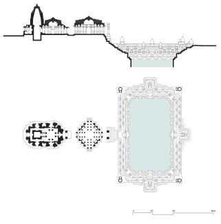 A plan and section of the 11th century Suryakund at the Modhera Sun Temple complex in Mehsana. A kund is a square or rectangular funnel-shaped basin that stores rainwater and sometimes accesses groundwater. It is deeper than a tank, but has a smaller surf