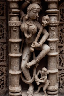 A sculpture depicting a female mendicant at the Queen's Stepwell. 