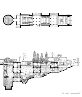 Plan and section of Maata Bhavani vaav in Asarwa, Ahmedabad. The stepwell no longer provides water as its well shaft has been sealed. However, it has been transformed into a temple where a goddess has been enshrined in its dry well shaft.  