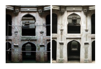 The 15th century Rudabai vaav is a monument protected by the Archaeological Survey of India. The vaav in 2013, prior to restoration (left). The vaav in 2018, after its lower level load-bearing walls were plastered (right).  