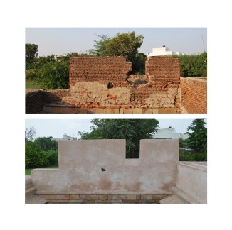 Crumbling parapet walls photographed in 2015 (top) were restored at the Jethabhai vaav by the Archaeological Survey of India in 2017 (bottom).