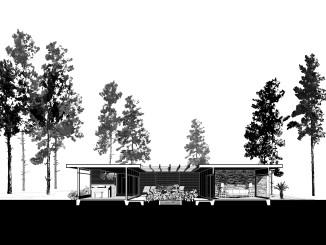 Chase Residence, north-south section through the courtyard, 1959. Houston, TX. Drawing by David Heymann, Brooke Burnside, Sarah Spielman, and Wei Zhou.