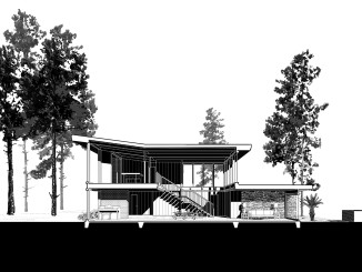 Chase Residence, north-south section through the great room, 1968. Houston, TX. Drawing by David Heymann, Brooke Burnside, Sarah Spielman, and Wei Zhou.