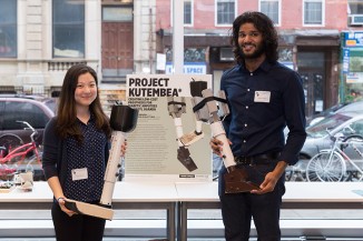 Seung Won (Sally) Na and Sanjeen Menon show off "Proejct Kutembea," prostheses designed for the poor of developing nations