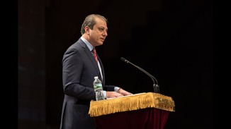 Mr. Bharara spoke from the Lincoln Podium