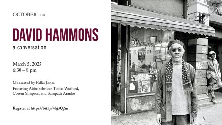 Banner image with the event details reproduced in the left half on a white background. The right half is a black and white photograph of David Hammons standing in front of a storefront.