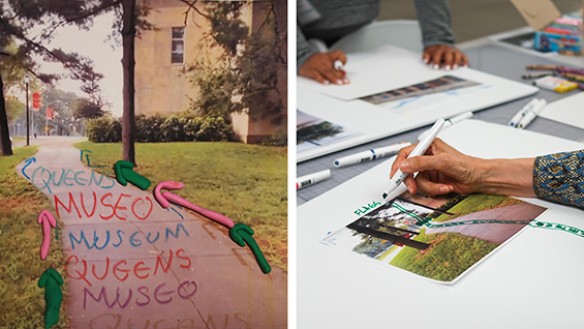 Left: English/Spanish wayfinding ground trail, Queens Museum: Central Atrium for All, Queens, NY, 2022. Image Credit: JSA/MIXdesign. Right: Participant at co-design workshop, Queens Museum: Central Atrium for All, Queens, NY, 2022. Image Credit: JSA/MIXdesign