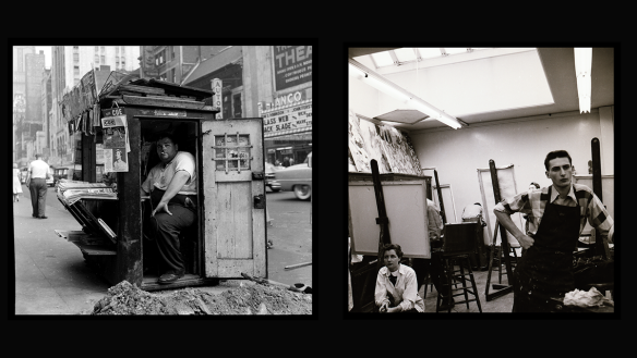 Newstand in Times Square, NYC on left Cooper Union student artists at work on right