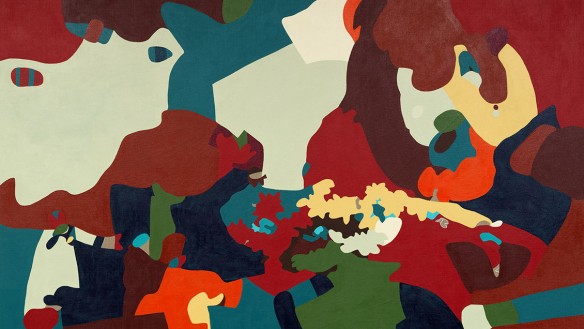 Cropped portion of an abstract painting with colorful, interlocked shapes