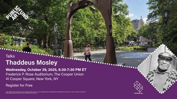 Image of art work in park with image of Thaddeus in right bottom corner