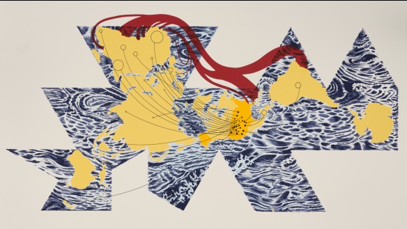 Cropped section of screenprinted work by William Villalongo and Shraddha Ramani, Black Migration to the U.S.