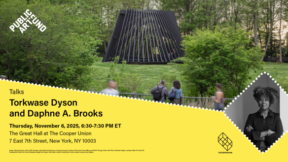 Sculpture of aluminum in park inset by artist portrait and event details