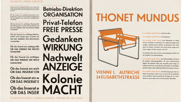 A chair illustration with text that says Thonet Mundus in yellow and other type specimens