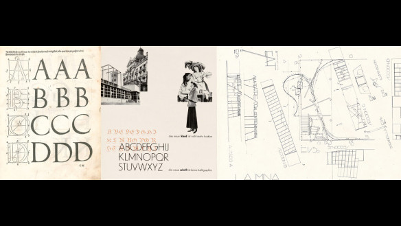 Tryptich with first box being examples of lettering, the second box with illustration of building, and third box being plans