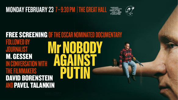 Image of a Pinocchio style Putin with text about the movie and event. Mr Nobody is sitting in Putin's nose.