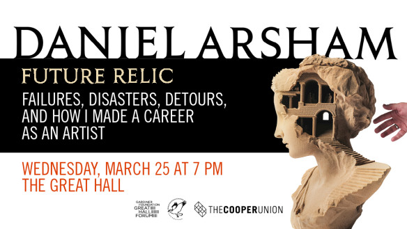 Text with information about the event including Daniel Arsham's name with an image of a statue bust on the right
