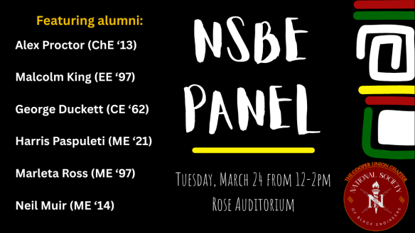 Text of several panels in white over black box with NSBE logo