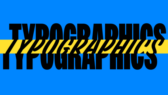 Blue square w typographics written in black across with a line of yellow in the middle of the black type