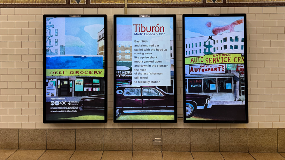 Image of three digital screens featuring art work in tryptich with poem text