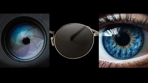 An eye, a lens from a camera, and a lens for glasses in a tryptich