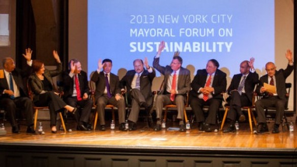 Mayoral candidates on stage in the Great Hall (via the NYT)