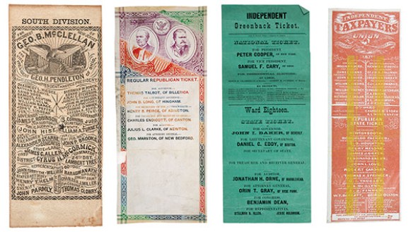 Sample historical ballots, including South Division ballot for Democratic presidential electors (1864), Regular Republican Ticket, MA (1878), Independent Greenback Ticket, MA (1878), and Independent Taxpayers Union Ticket, CA (1871).  