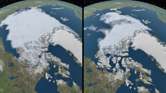 Arctic sea-ice coverage hits record low. Images from 1984 (l) and 2012 courtesy of NASA Scientific Visualization Studio